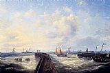 Louis Verboeckhoven Fishing Boats Off A Jetty At Ostend painting